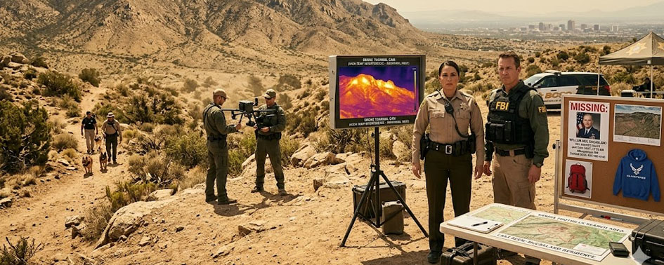 As buscas pelo especialista em OVNIs e general da Força Aérea William McCasland, que está desaparecido, são dificultadas pelo clima quente